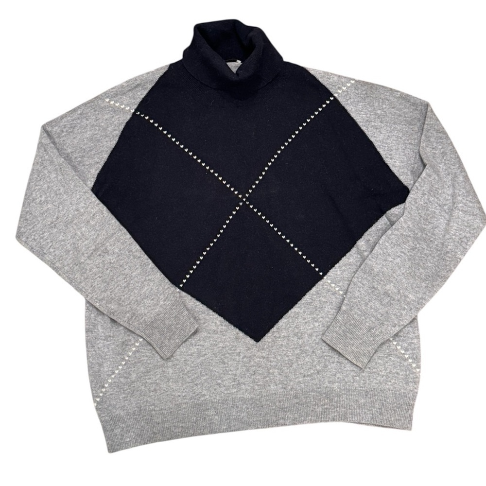 A1. Peserico Argyle Sweater Turtleneck Silk and Cashmere Blend Gray and Navy